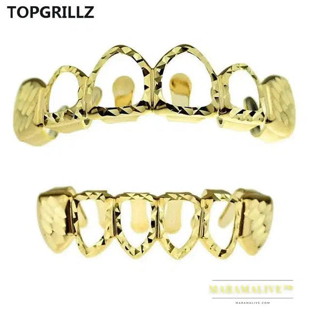 D-Cut Grillz Set Pure Gold Color Plated Top & Bottom Teeth 4 Open Hip Hop Grills Hollow Tooth Grill sets