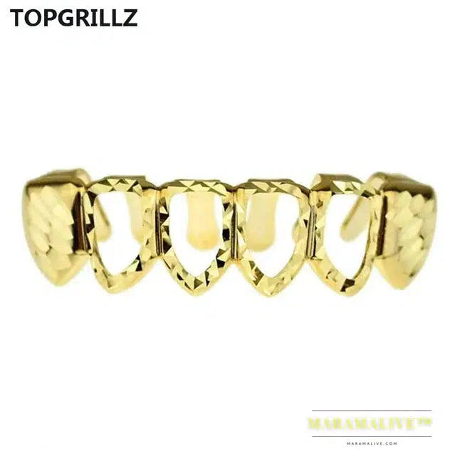 D-Cut Grillz Set Pure Gold Color Plated Top & Bottom Teeth 4 Open Hip Hop Grills Hollow Tooth Grill sets