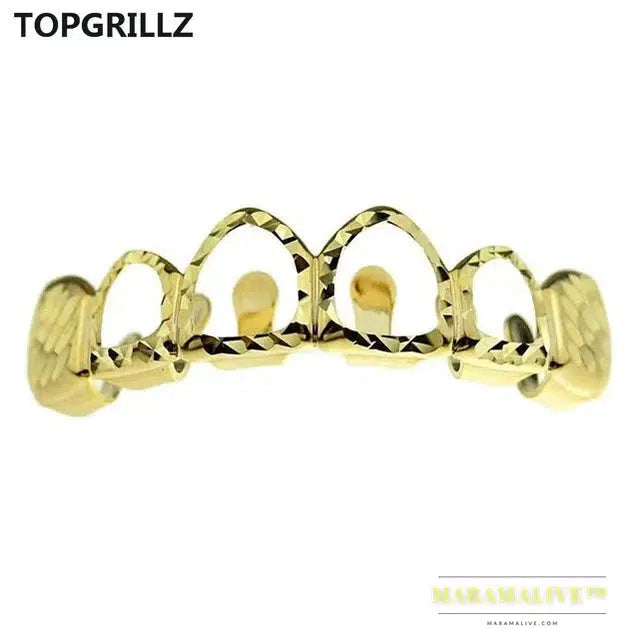 D-Cut Grillz Set Pure Gold Color Plated Top & Bottom Teeth 4 Open Hip Hop Grills Hollow Tooth Grill sets