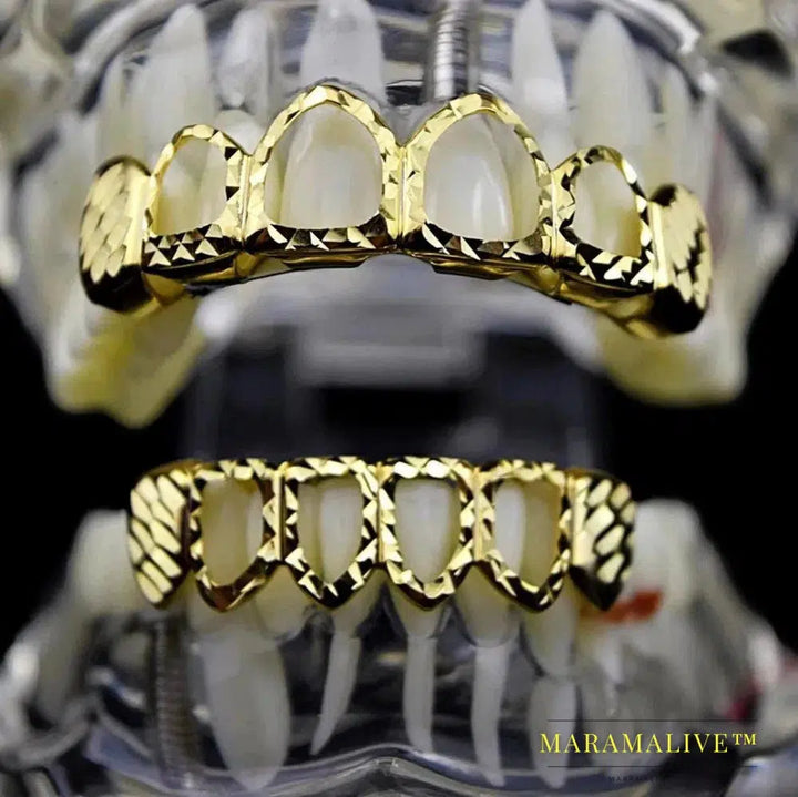 D-Cut Grillz Set Pure Gold Color Plated Top & Bottom Teeth 4 Open Hip Hop Grills Hollow Tooth Grill sets