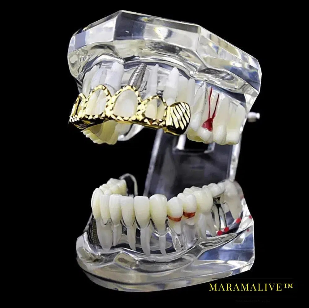 D-Cut Grillz Set Pure Gold Color Plated Top & Bottom Teeth 4 Open Hip Hop Grills Hollow Tooth Grill sets