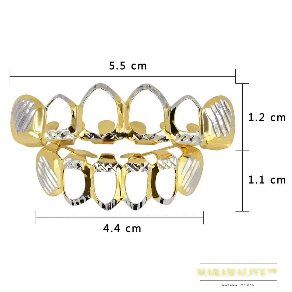 D-Cut Grillz Set Pure Gold Color Plated Top & Bottom Teeth 4 Open Hip Hop Grills Hollow Tooth Grill sets