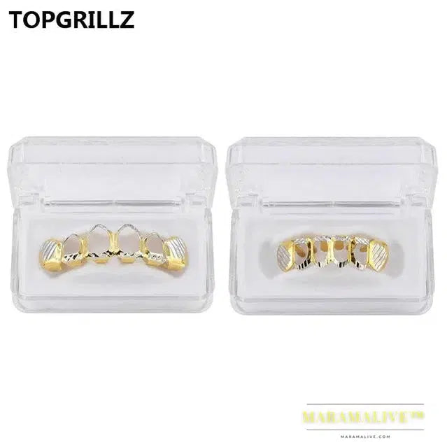 D-Cut Grillz Set Pure Gold Color Plated Top & Bottom Teeth 4 Open Hip Hop Grills Hollow Tooth Grill sets