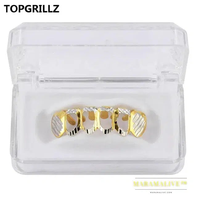 D-Cut Grillz Set Pure Gold Color Plated Top & Bottom Teeth 4 Open Hip Hop Grills Hollow Tooth Grill sets