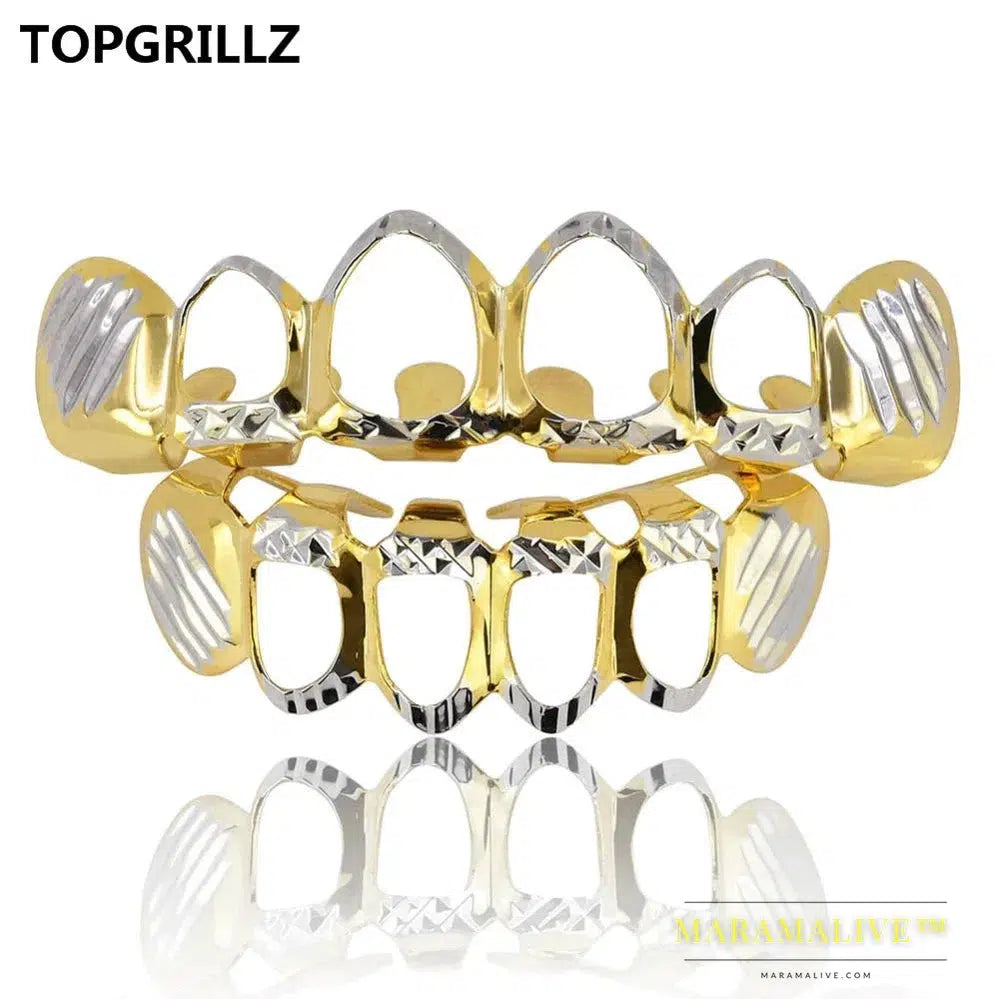 D-Cut Grillz Set Pure Gold Color Plated Top & Bottom Teeth 4 Open Hip Hop Grills Hollow Tooth Grill sets