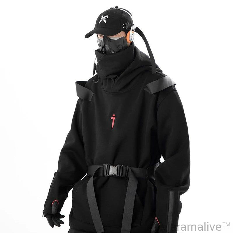 DARK 2023 Double Neckline Hoodie Men Techwear Function Hoodies Hip Hop Streetwear Pullover Sweatshirt Black