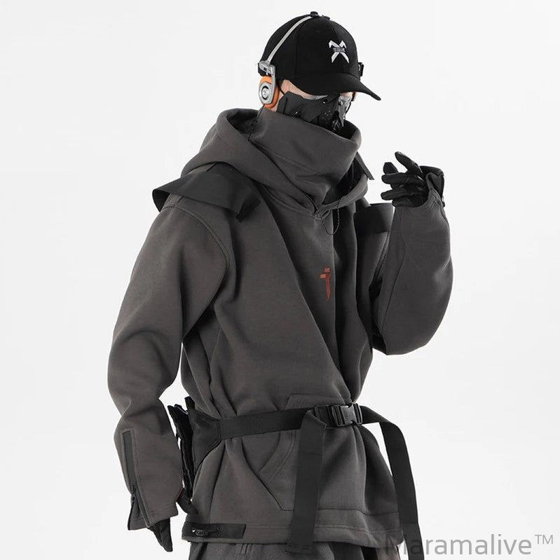 DARK 2023 Double Neckline Hoodie Men Techwear Function Hoodies Hip Hop Streetwear Pullover Sweatshirt Black