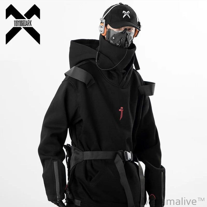 DARK 2023 Double Neckline Hoodie Men Techwear Function Hoodies Hip Hop Streetwear Pullover Sweatshirt Black