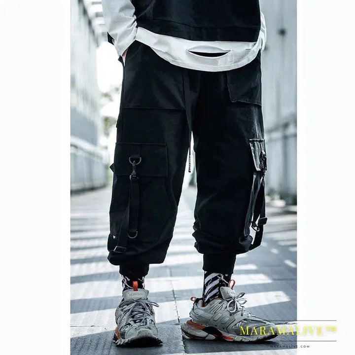 DARK Cargo Pants Men Hip Hop Tactics Joggers Trousers Elastic Waist Ribbon Fashion Streetwear Pant Male