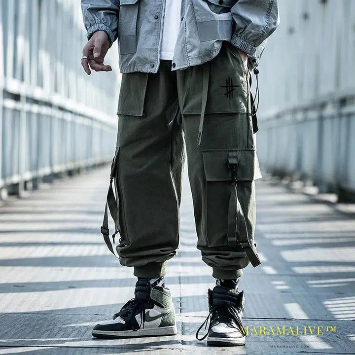 DARK Cargo Pants Men Hip Hop Tactics Joggers Trousers Elastic Waist Ribbon Fashion Streetwear Pant Male