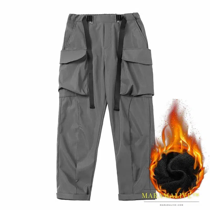 DARK Hip Hop Men Cargo Pants 2023 Winter Fleece Casual Loose Joggers Trousers Elastic Waist Fashion Pant