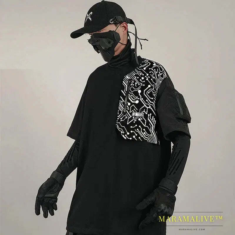 DARK Techwear Tactical T-Shirt 2023 Summer Reflective Print Patchwork Tshirts Men Streetwear Loose T Shirts Tops