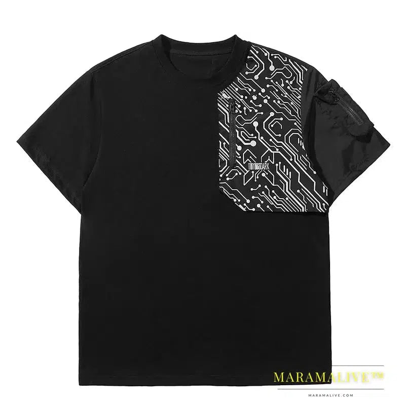 DARK Techwear Tactical T-Shirt 2023 Summer Reflective Print Patchwork Tshirts Men Streetwear Loose T Shirts Tops