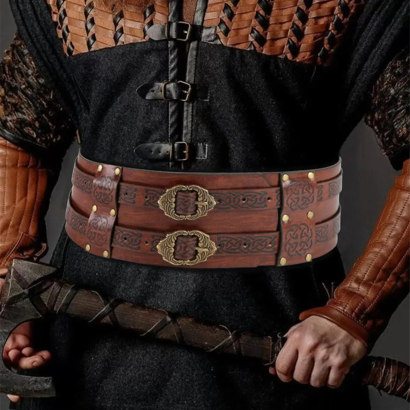 Daring Renaissance Viking Embossed Belt - Eye-catching Medieval Faux Leather Armor Accessory