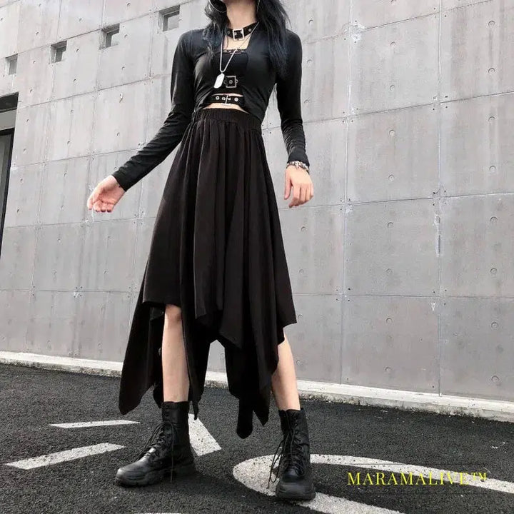 Dark Black Irregular High Waist Skirt Goth Punk Gothic Black Long Vintage Skirt fashion clothing