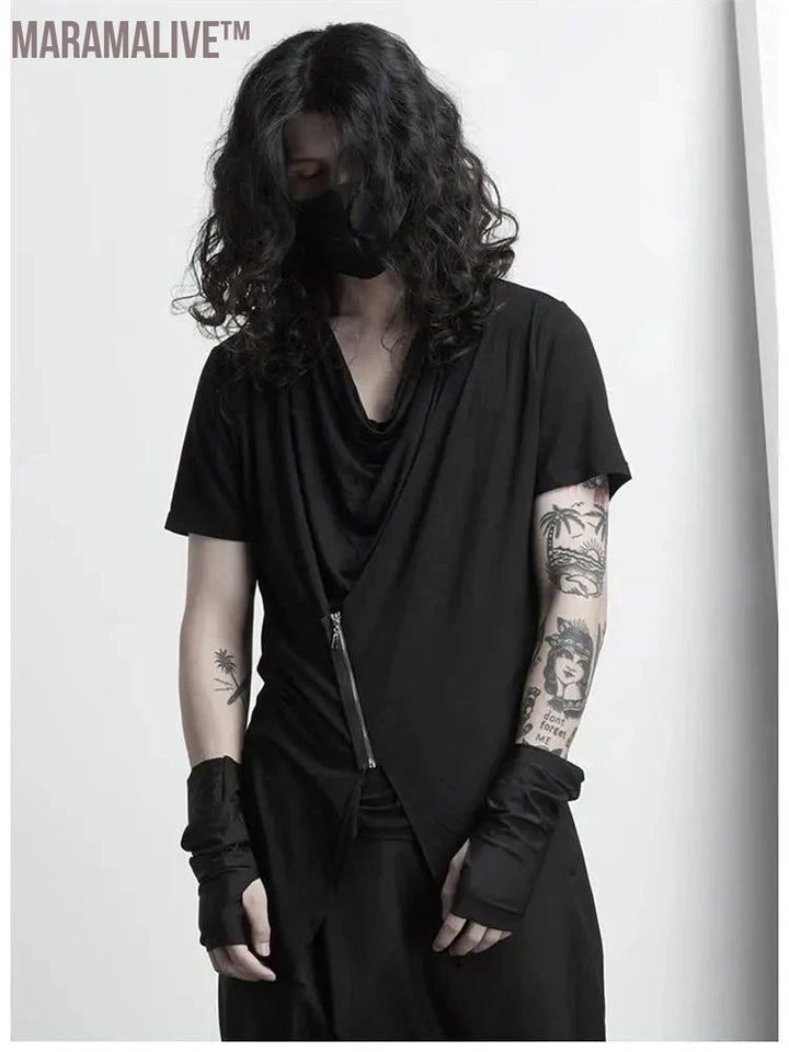 Dark Black Trendy Male Fake Two-Piece Short-Sleeved T-shirts Breathable Fashion Personality Original Design Slim Slimming