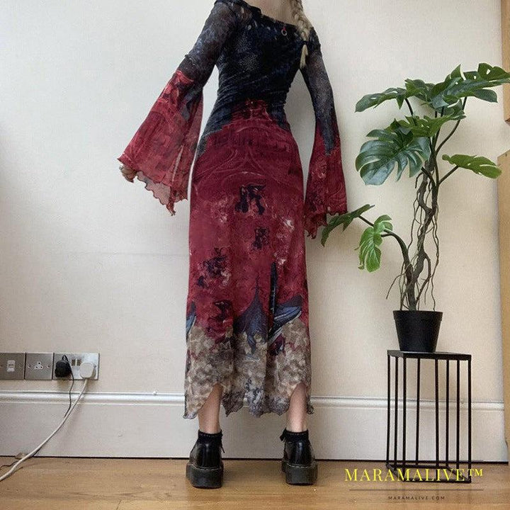 Dark Goth Style Retro Multicolor Printing Irregular Mesh Long Dress