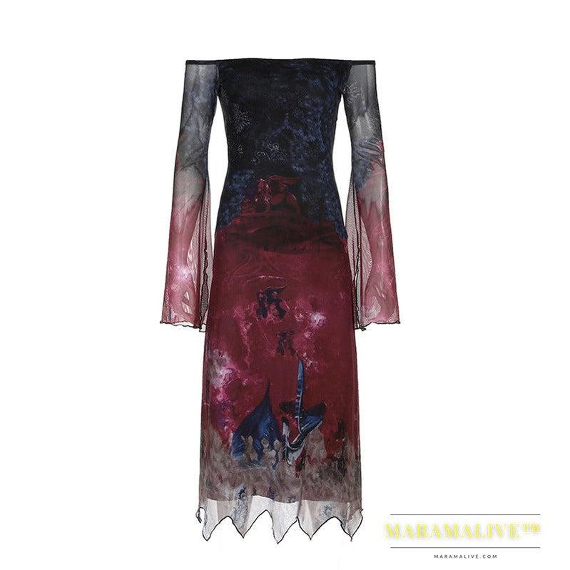 Dark Goth Style Retro Multicolor Printing Irregular Mesh Long Dress