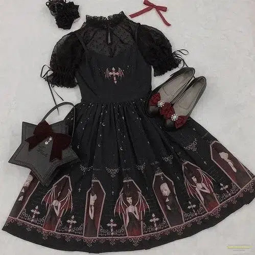 Dark Gothic Devil Print Dress Black Japanese Style Lolita Jsk Victorian Suspender Dress Loli Sexy Sweet Goth Bandage Dresses