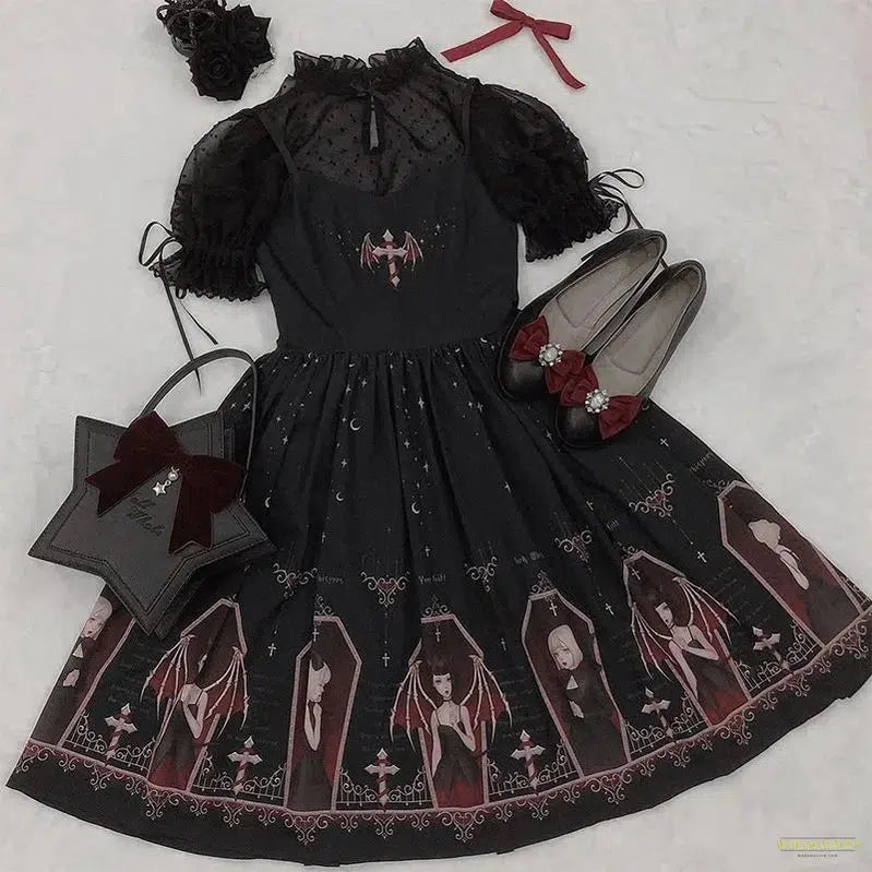 Dark Gothic Devil Print Dress Black Japanese Style Lolita Jsk Victorian Suspender Dress Loli Sexy Sweet Goth Bandage Dresses