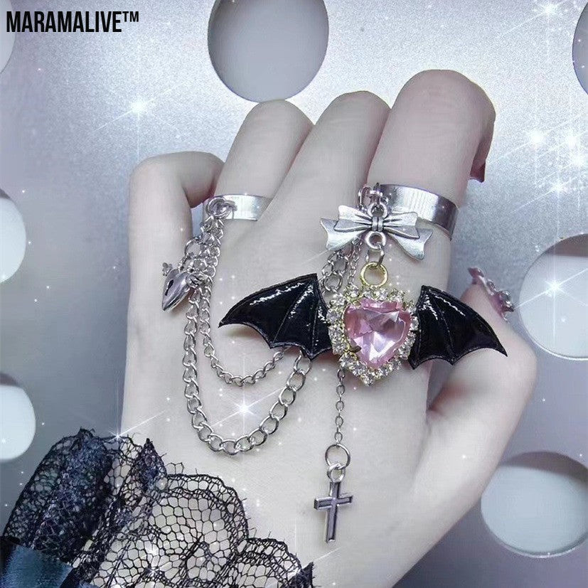 Dark Gothic Little Devil Bat Wings Double Finger Chain Ring