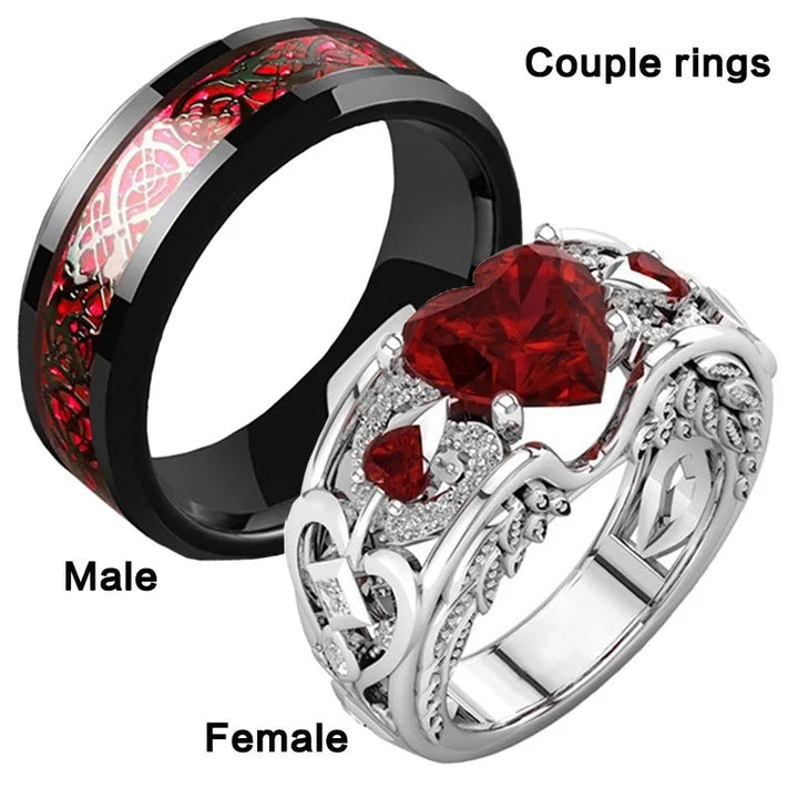 Dark Gothic Punk Rhinestone Ring - Red Love Heart Zircon with Unique Couple Figure Design