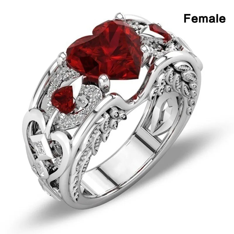 Dark Gothic Punk Rhinestone Ring - Red Love Heart Zircon with Unique Couple Figure Design