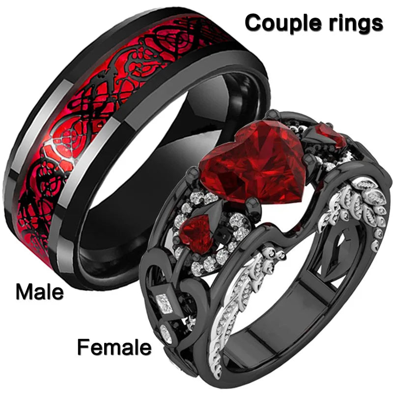 Dark Gothic Punk Rhinestone Ring - Red Love Heart Zircon with Unique Couple Figure Design