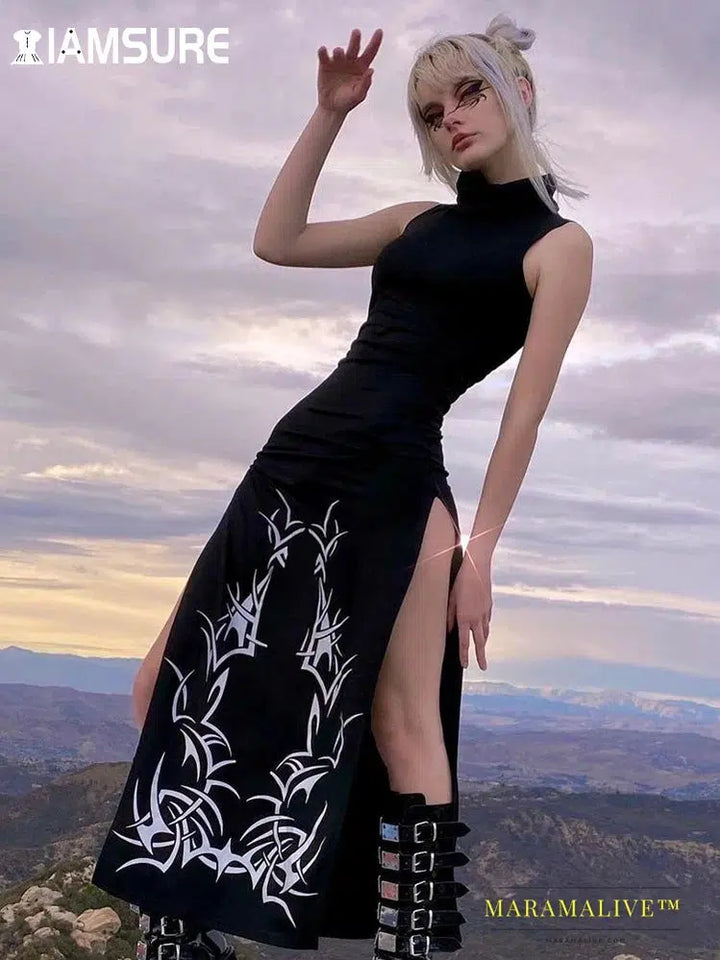 Dark Split Side Summer Dress Gothic Sexy Slim Turtleneck Sleeeveless Long Dresses For Women 2021 Party Night Club Wear