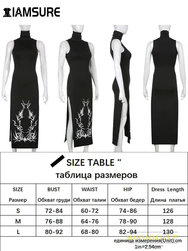 Dark Split Side Summer Dress Gothic Sexy Slim Turtleneck Sleeeveless Long Dresses For Women 2021 Party Night Club Wear