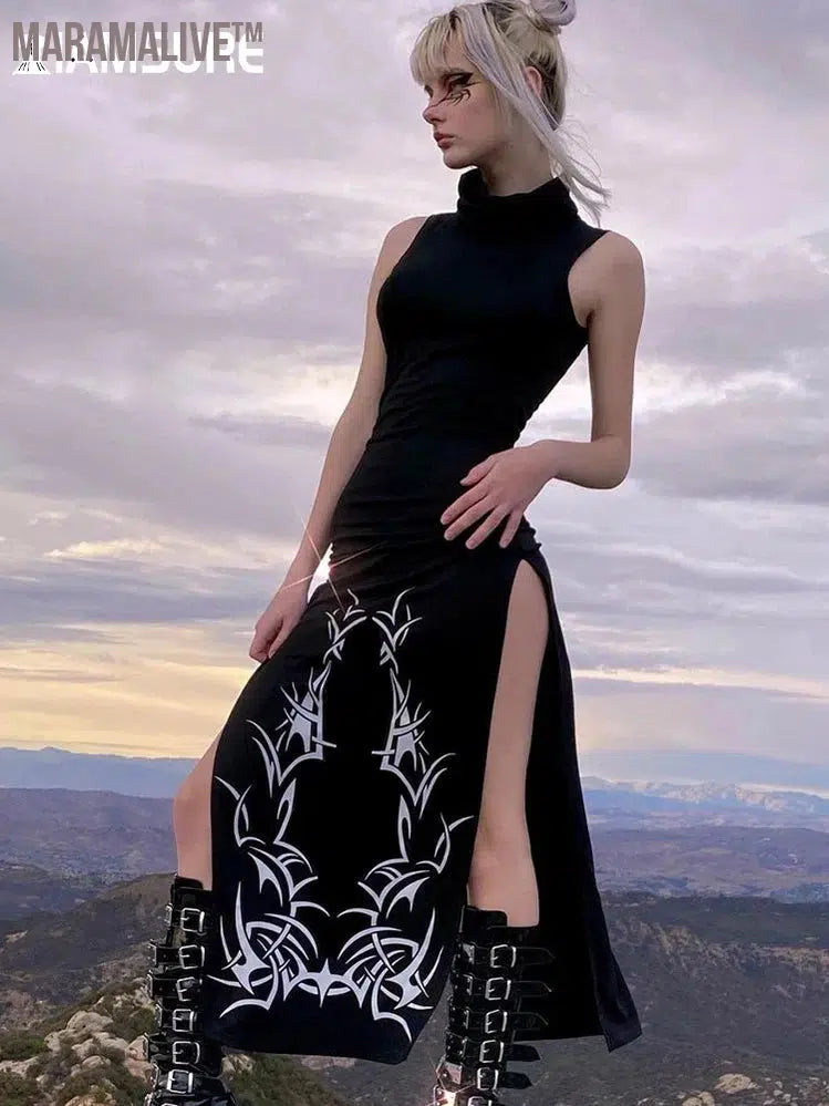 Dark Split Side Summer Dress Gothic Sexy Slim Turtleneck Sleeveless Long Dresses For Women Party Night Club Wear