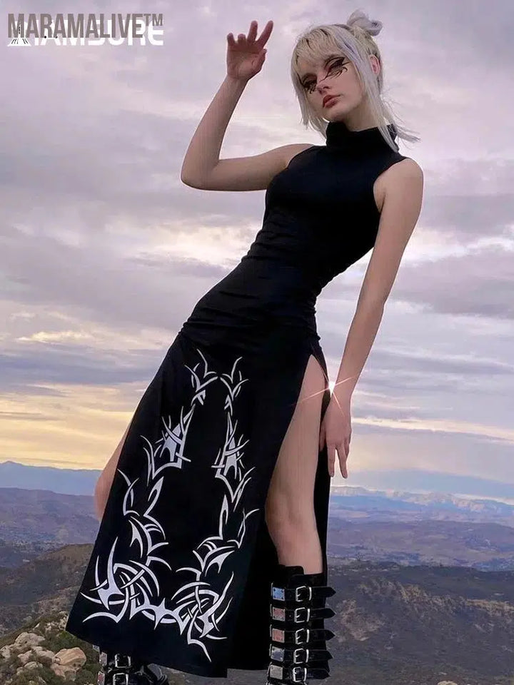 Dark Split Side Summer Dress Gothic Sexy Slim Turtleneck Sleeveless Long Dresses For Women Party Night Club Wear