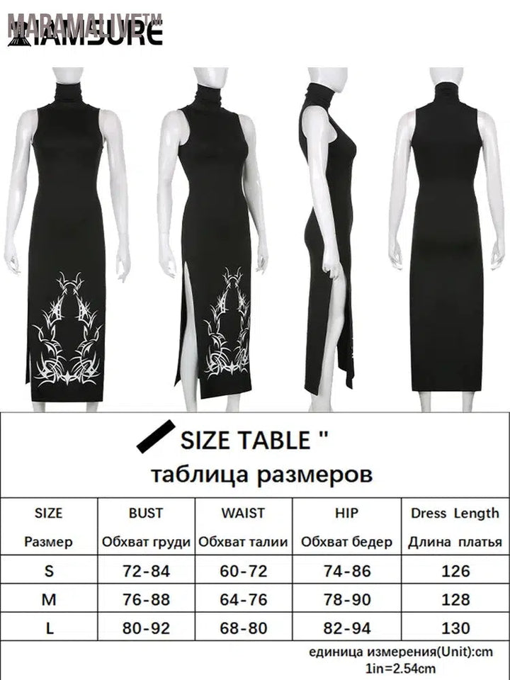 Dark Split Side Summer Dress Gothic Sexy Slim Turtleneck Sleeveless Long Dresses For Women Party Night Club Wear