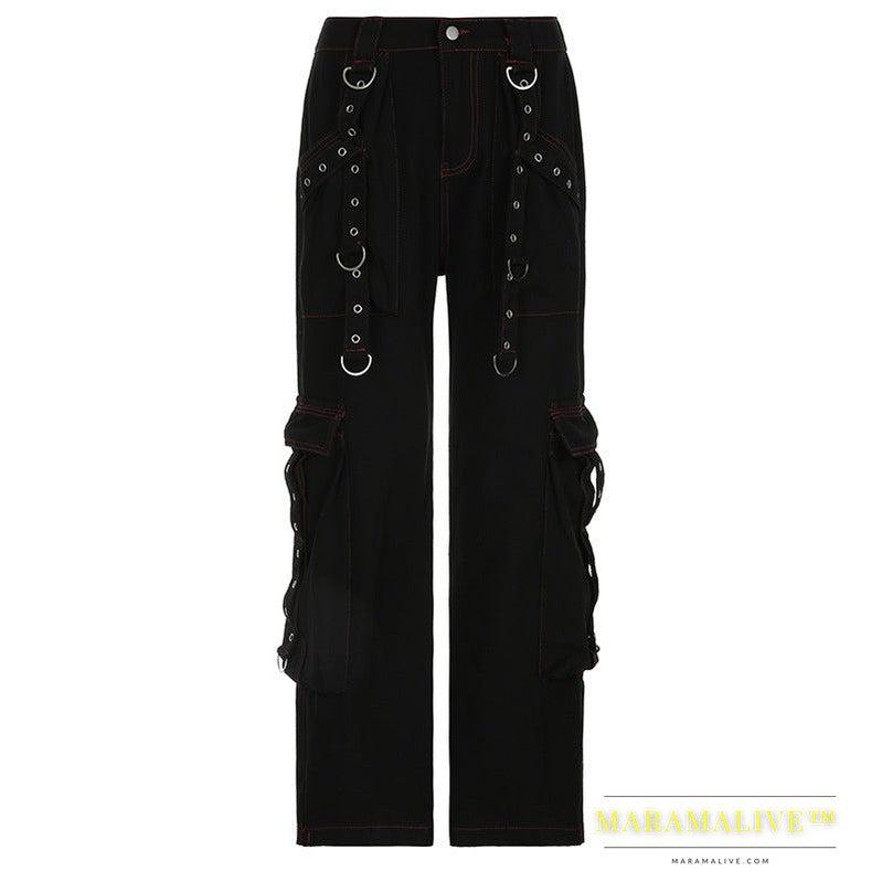 Dark Style Punk Heavy Industry Metal Ribbon Jeans Women