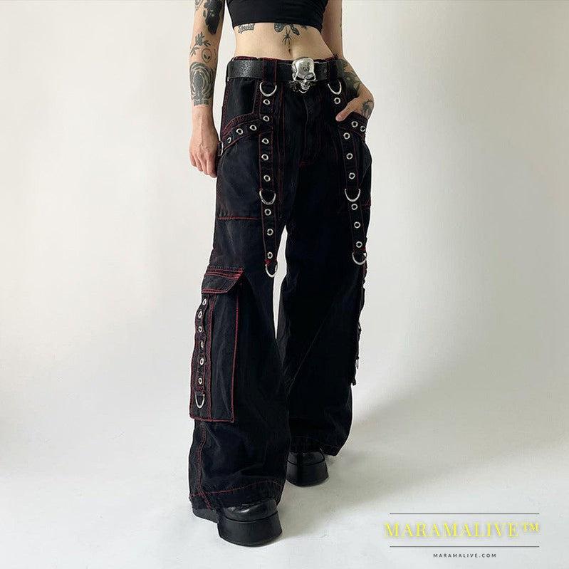 Dark Style Punk Heavy Industry Metal Ribbon Jeans Women