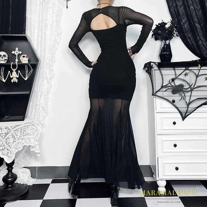 Dark Style Square Collar Pleated Mesh Long Sleeve Dress