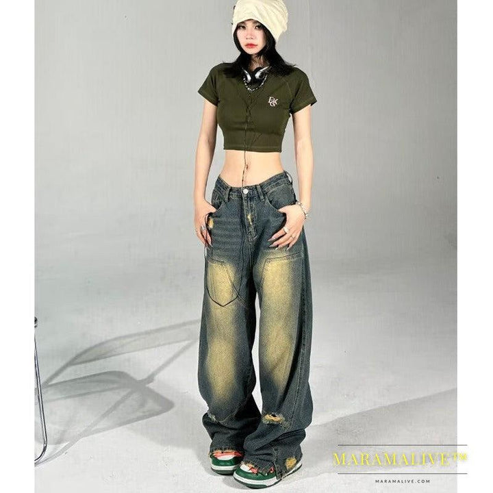 Dark Summer High Waist Washed All-match Wide Leg Pants