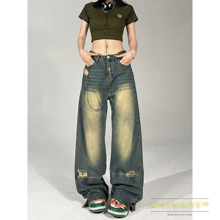 Dark Summer High Waist Washed All-match Wide Leg Pants