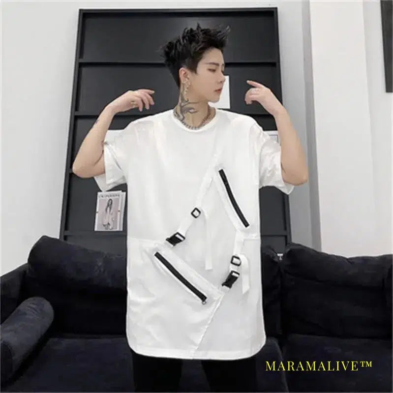 Dark dark summer dress with individual zipper pocket design edition men's loose short-sleeved t-shirt hairdresser fashion