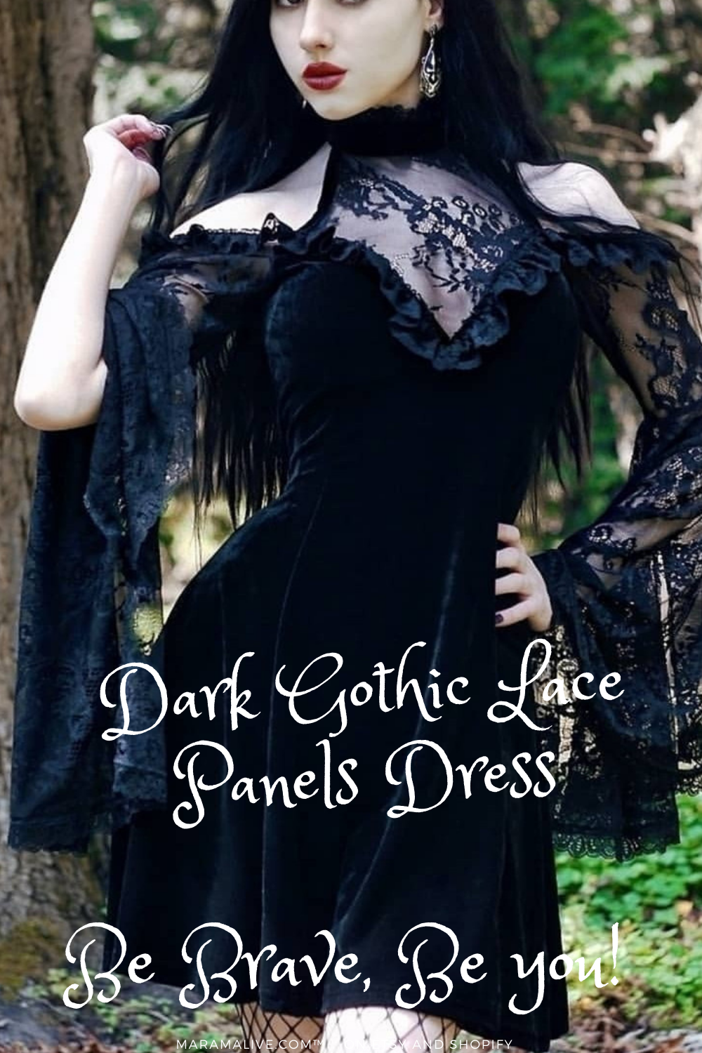 A girl in a Maramalive™ Dark Gothic Lace Panels Dress posing in the woods.