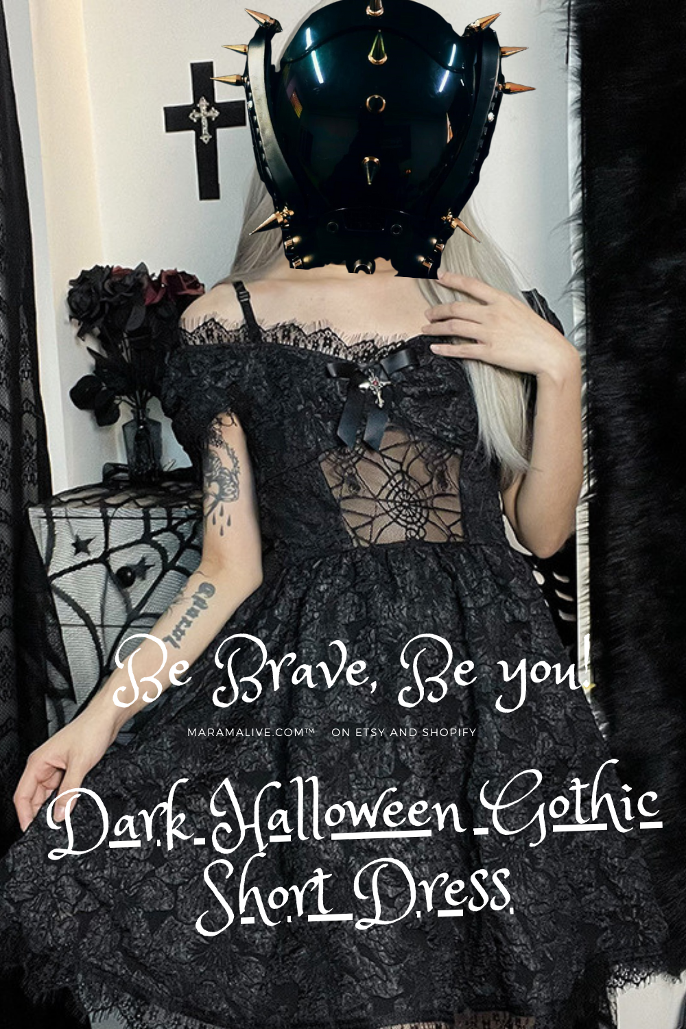 A girl in a Dark Halloween Gothic Short Dress by Maramalive™ posing for a photo.