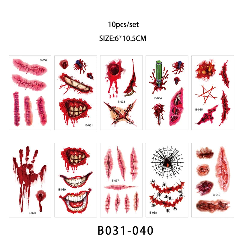 Day of the Dead Halloween Tattoos Stickers - Temporary Bloodstain Wound Costume Party Accents