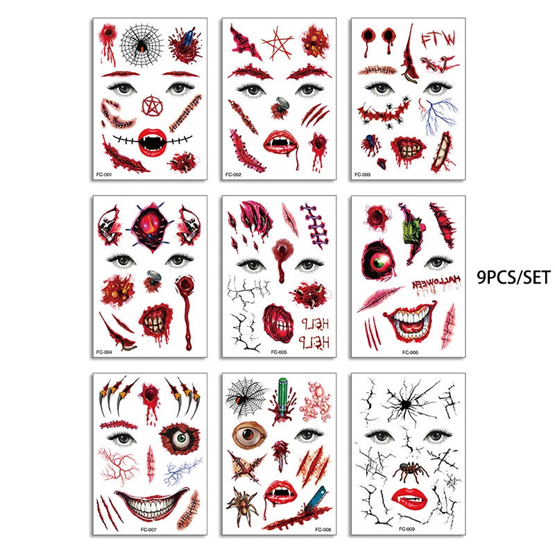 Day of the Dead Halloween Tattoos Stickers - Temporary Bloodstain Wound Costume Party Accents