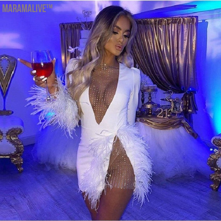 Deep V Long Sleeve Feather Yarn Stitching Feather Decoration Slim Dress