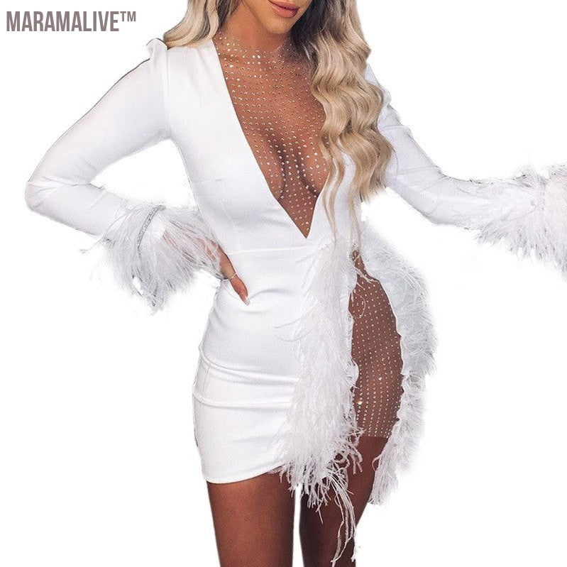 Deep V Long Sleeve Feather Yarn Stitching Feather Decoration Slim Dress