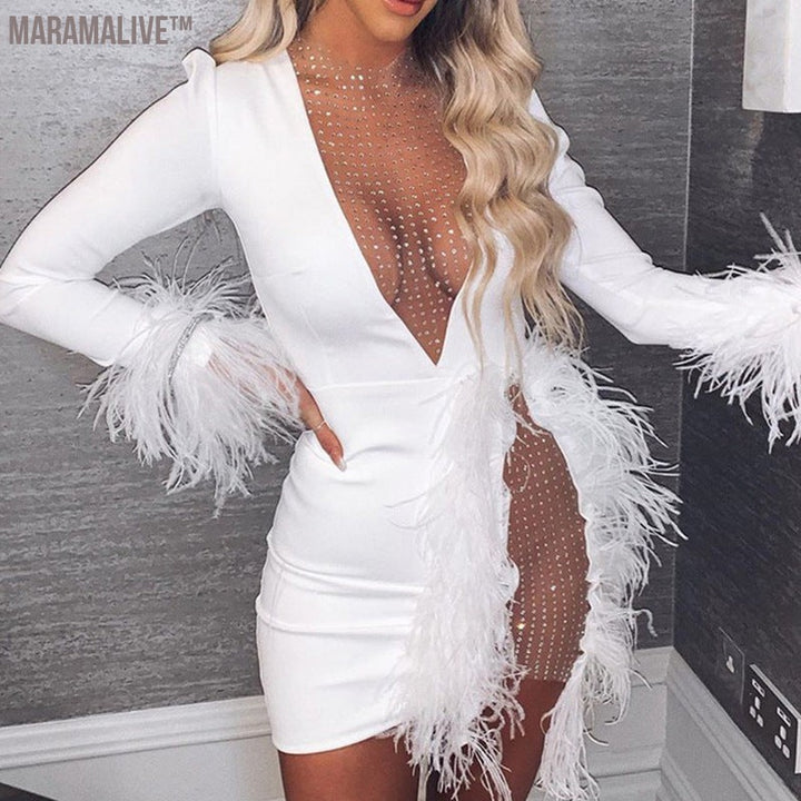 Deep V Long Sleeve Feather Yarn Stitching Feather Decoration Slim Dress