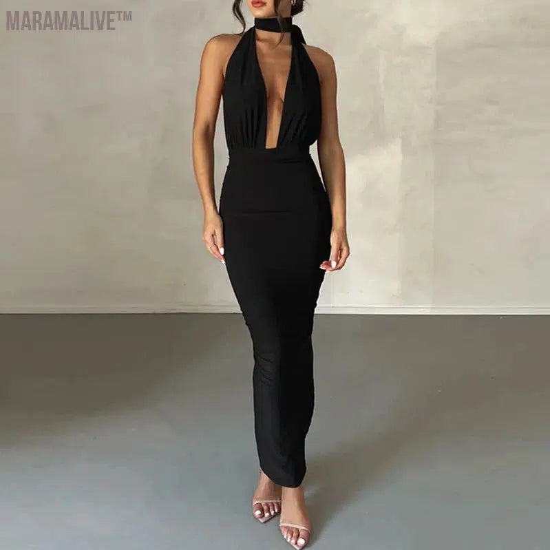 Deep V-Neck Backless Dress Elegant Party Dresses For Women 2023 Summer Ruched Wrap Bandage Long Dress Black White