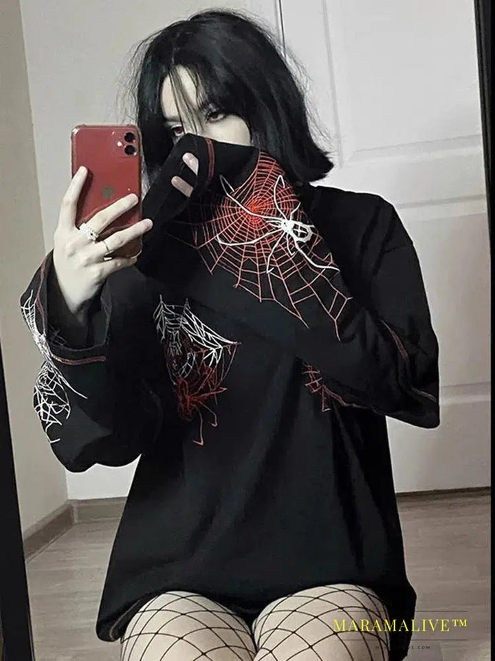 Deeptown Y2k Gothic Spider T Shirt Women Goth Dark Streetwear Design Tees Black Long Sleeve Top 2023 Autumn Spring