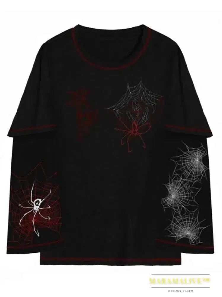 Deeptown Y2k Gothic Spider T Shirt Women Goth Dark Streetwear Design Tees Black Long Sleeve Top 2023 Autumn Spring