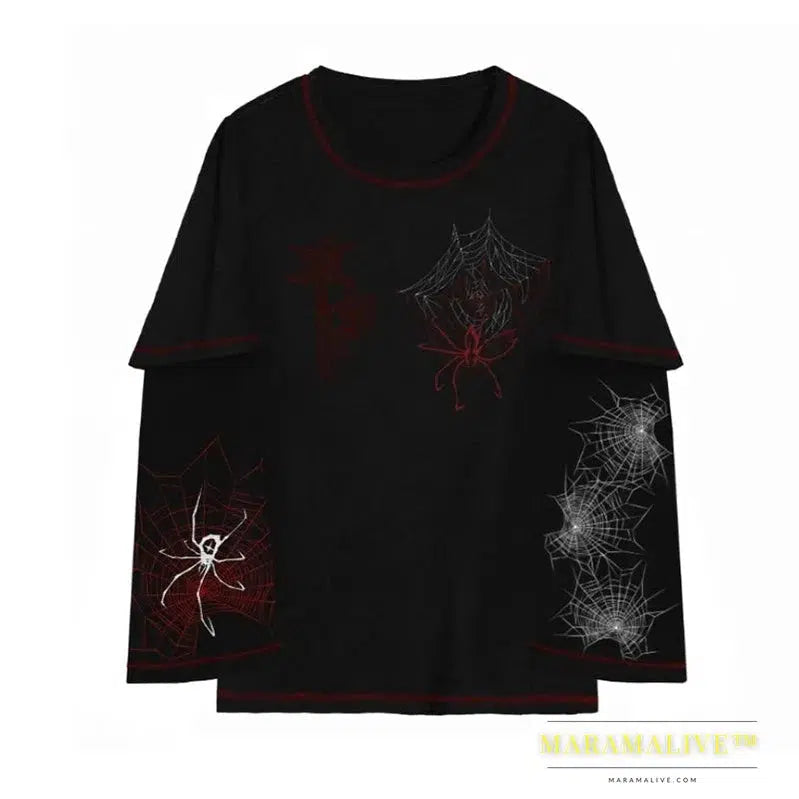 Deeptown Y2k Gothic Spider T Shirt Women Goth Dark Streetwear Design Tees Black Long Sleeve Top 2023 Autumn Spring